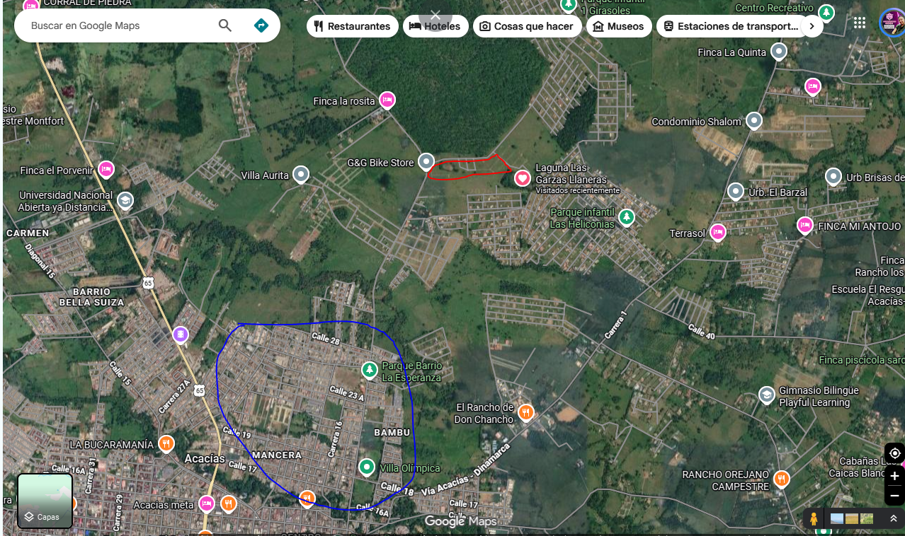 Vista satelital de referencia de Acacías y el acceso al proyecto