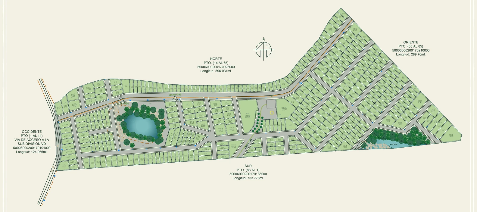 Plano general de La Reserva, con vías, lotes y lagunas